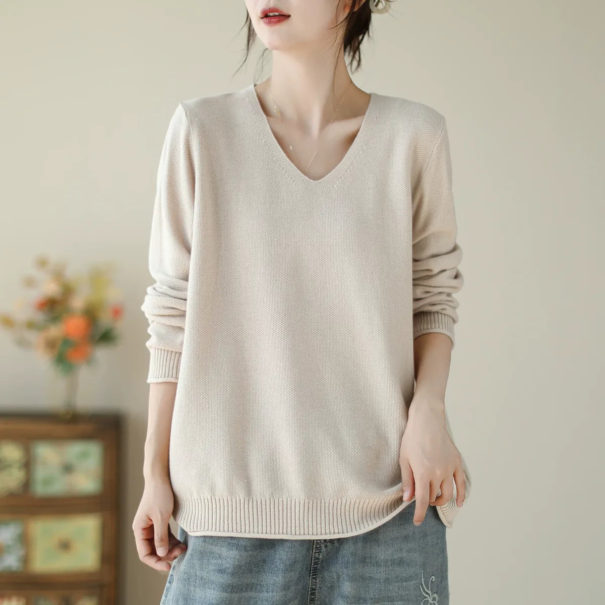 V-Neck Solid Color Long Sleeve Knit Sweater