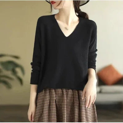 V-Neck Solid Color Long Sleeve Knit Sweater