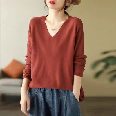 V-Neck Solid Color Long Sleeve Knit Sweater