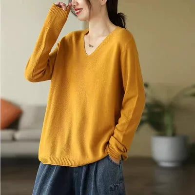 V-Neck Solid Color Long Sleeve Knit Sweater