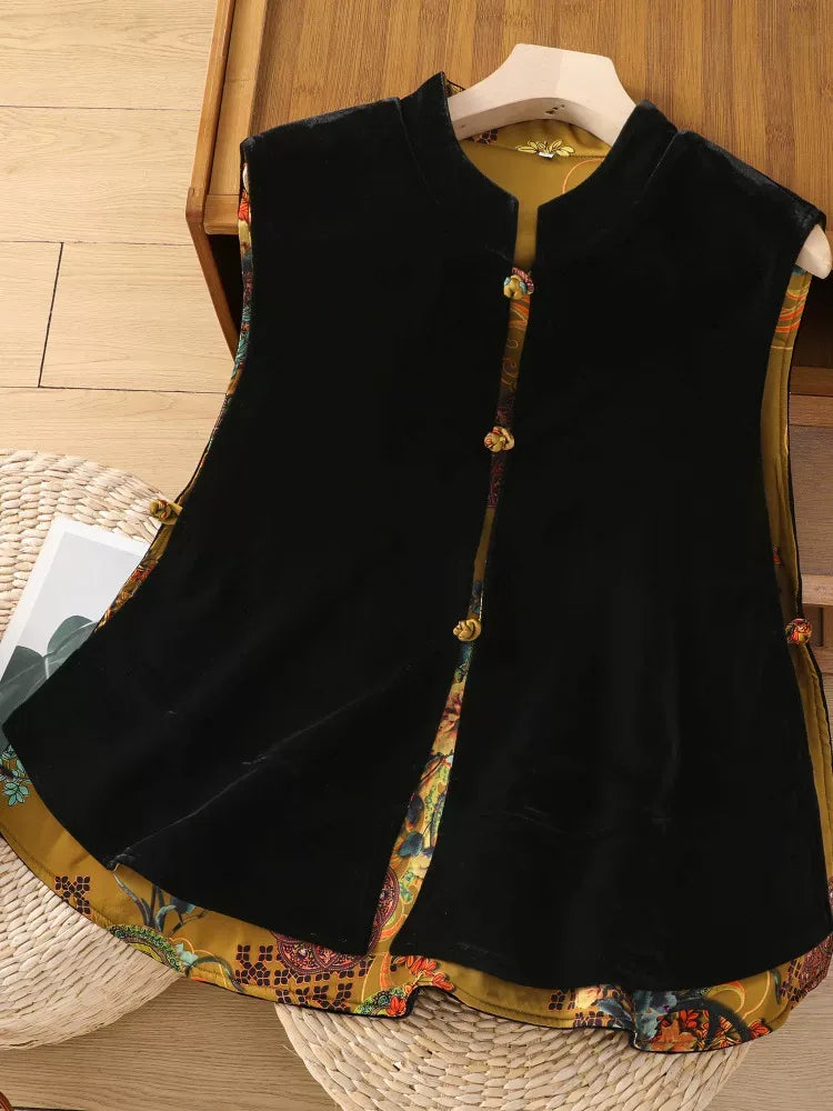 Velvet Frog Button Mandarin Collar Vest