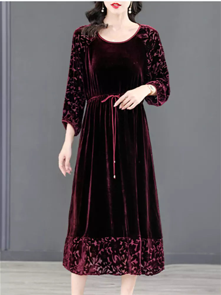 Fashionable Luxurious Velvet Midi Dress Long Sleeve