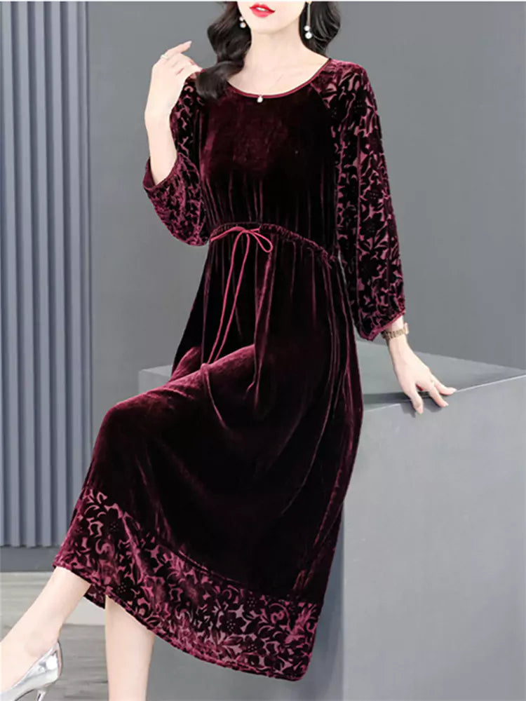 Fashionable Luxurious Velvet Midi Dress Long Sleeve