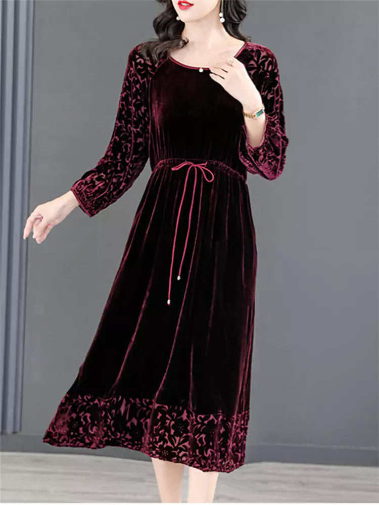 Fashionable Luxurious Velvet Midi Dress Long Sleeve