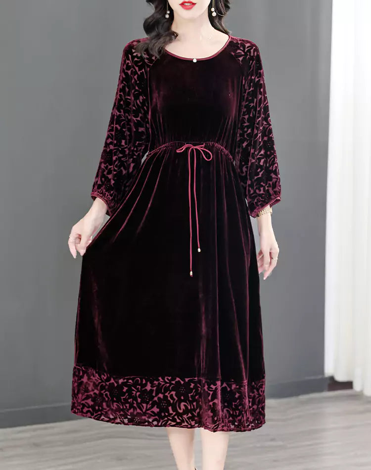 Fashionable Luxurious Velvet Midi Dress Long Sleeve