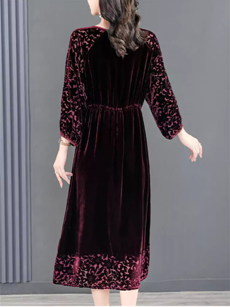 Fashionable Luxurious Velvet Midi Dress Long Sleeve