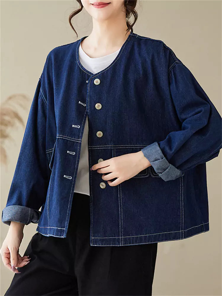 Chaqueta corta oversize de algodón versátil con cuello redondo