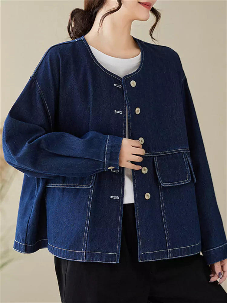 Chaqueta corta oversize de algodón versátil con cuello redondo