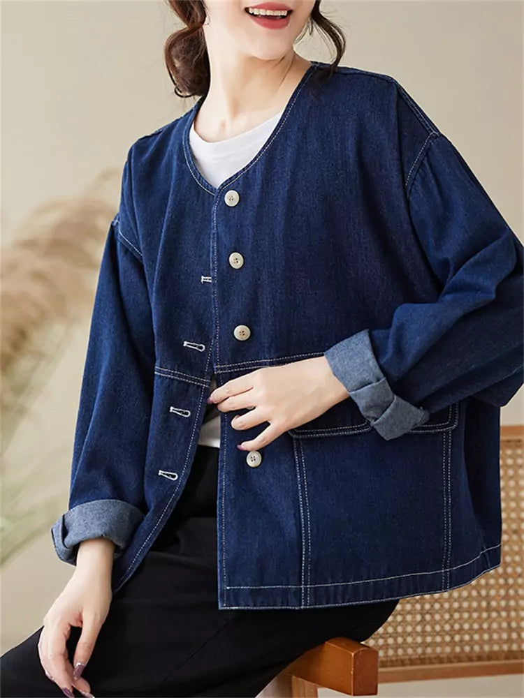 Chaqueta corta oversize de algodón versátil con cuello redondo