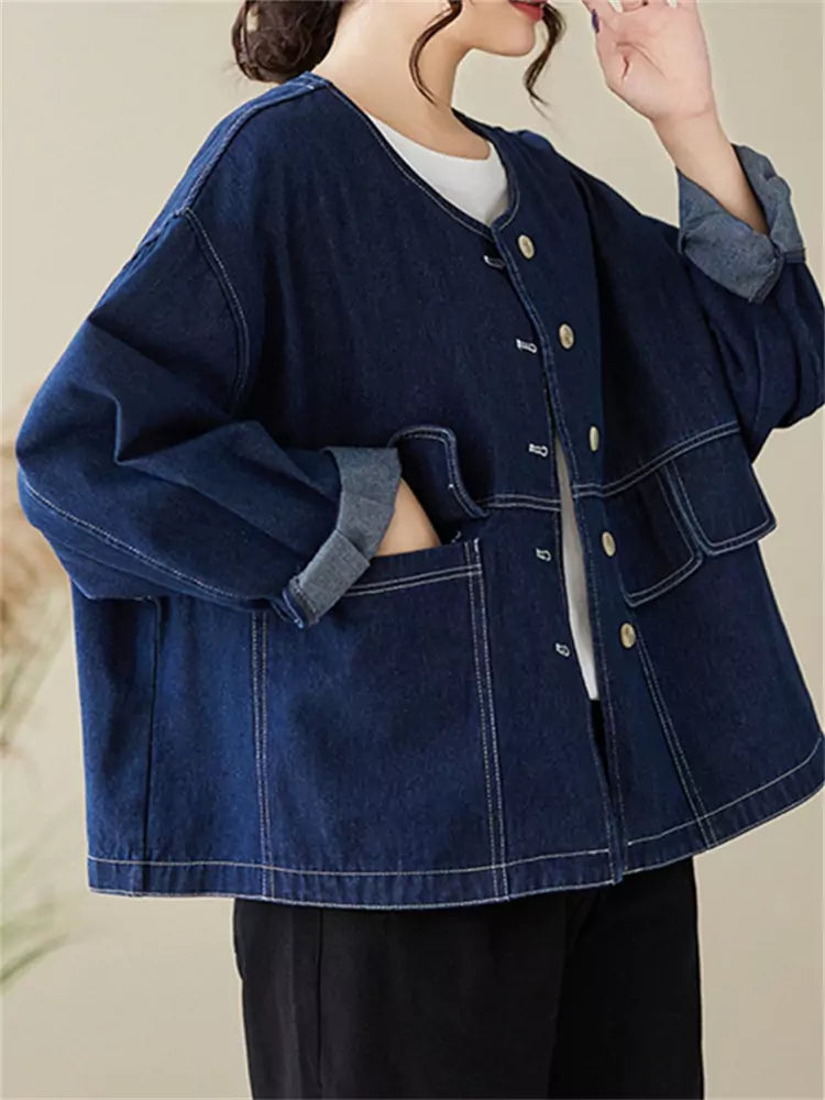 Chaqueta corta oversize de algodón versátil con cuello redondo
