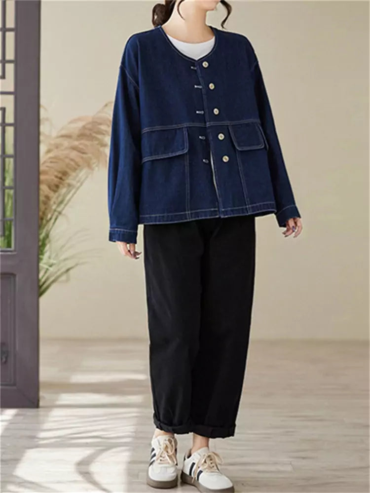 Chaqueta corta oversize de algodón versátil con cuello redondo