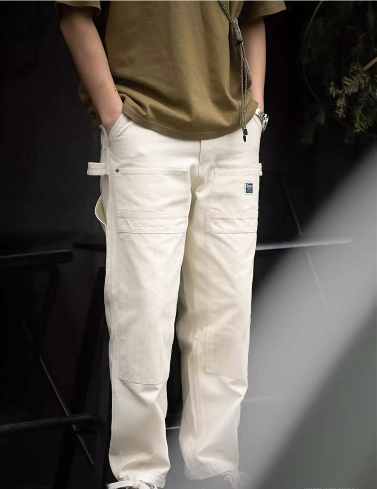 Versatile Off-White Mid Waist Cargo Jeans with Multiple Pockets