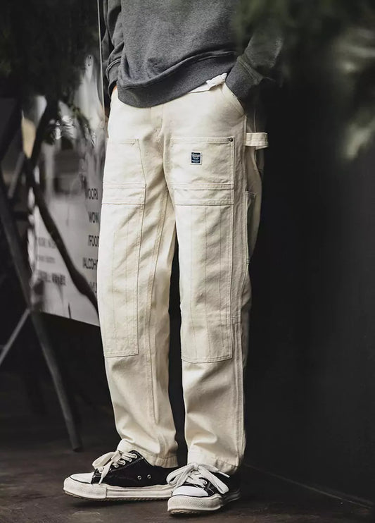 Versatile Off-White Mid Waist Cargo Jeans with Multiple Pockets