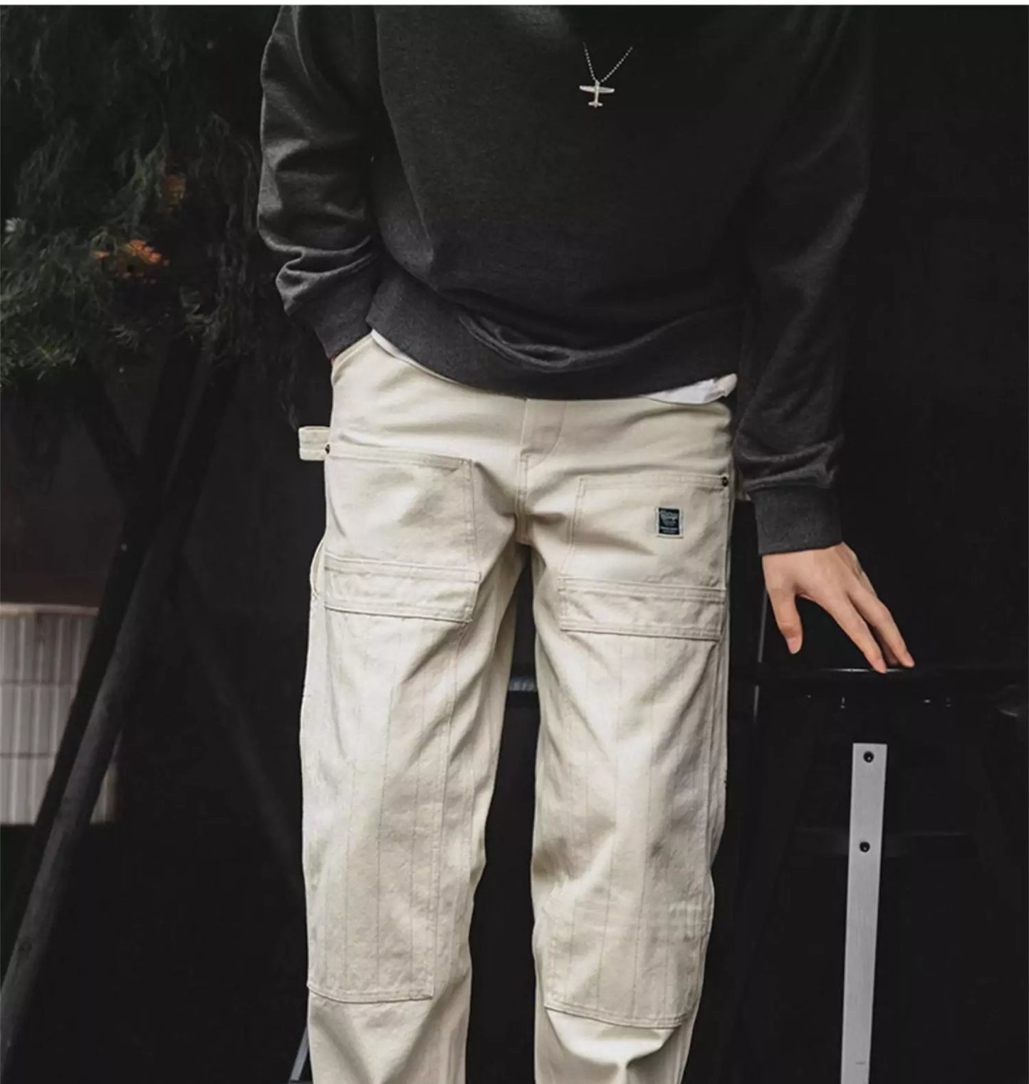 Versatile Off-White Mid Waist Cargo Jeans with Multiple Pockets