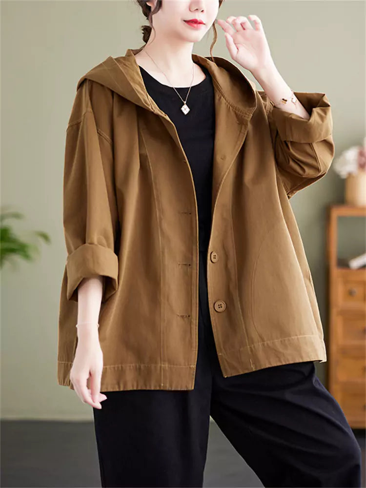 Versatile Women's Plus SizeSolid Color Hooded Jacket