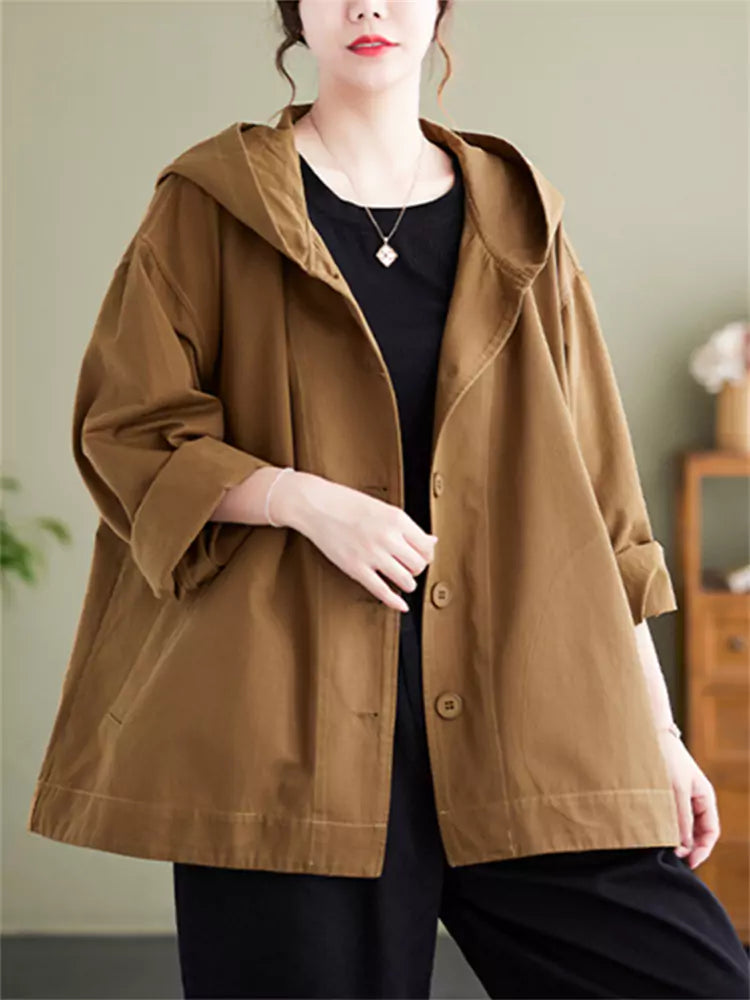 Versatile Women's Plus SizeSolid Color Hooded Jacket