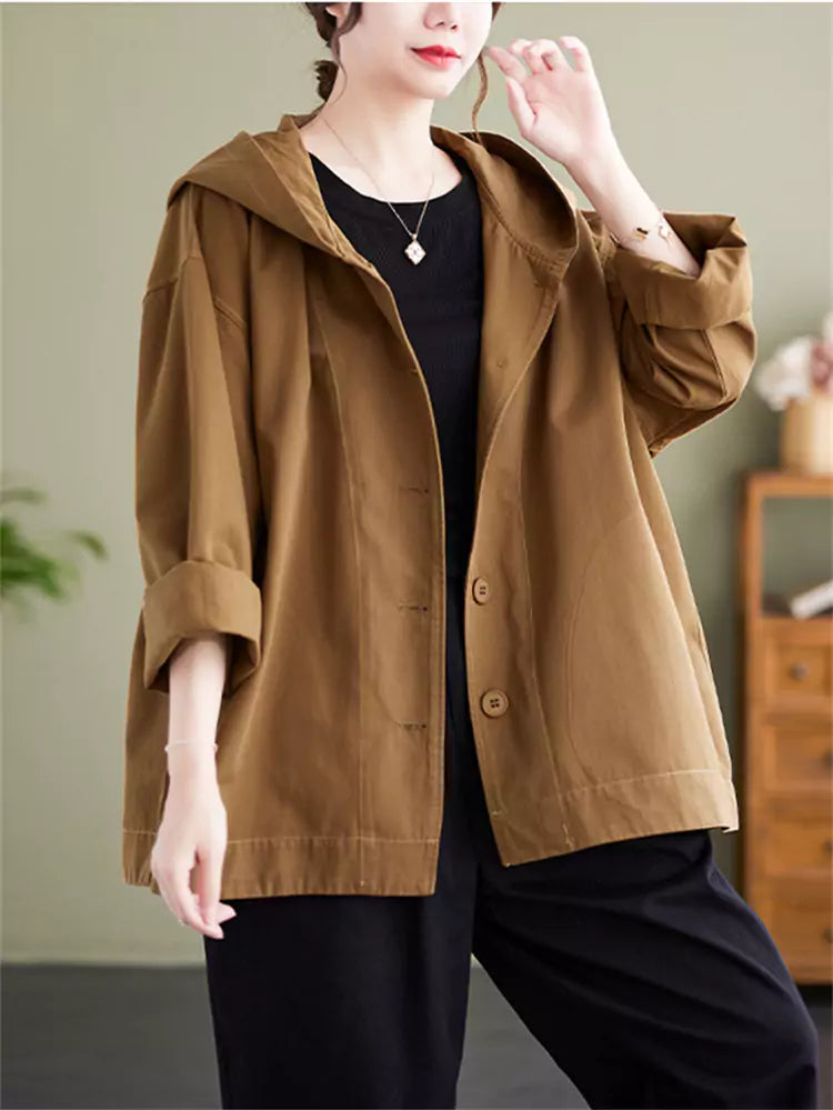 Versatile Women's Plus SizeSolid Color Hooded Jacket