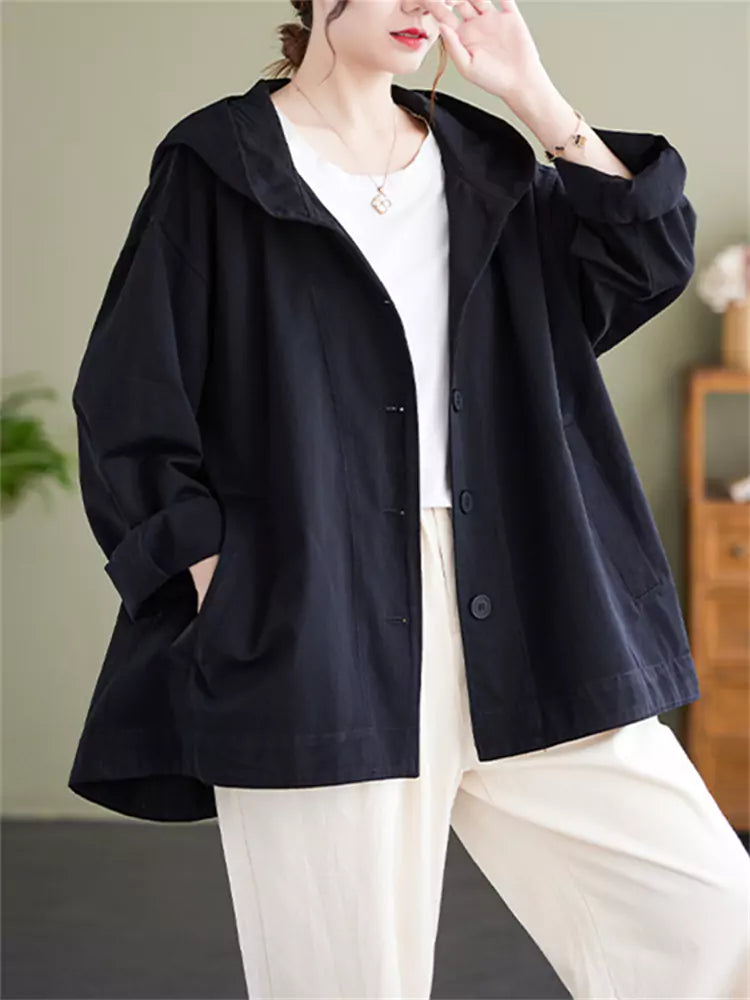 Versatile Women's Plus SizeSolid Color Hooded Jacket