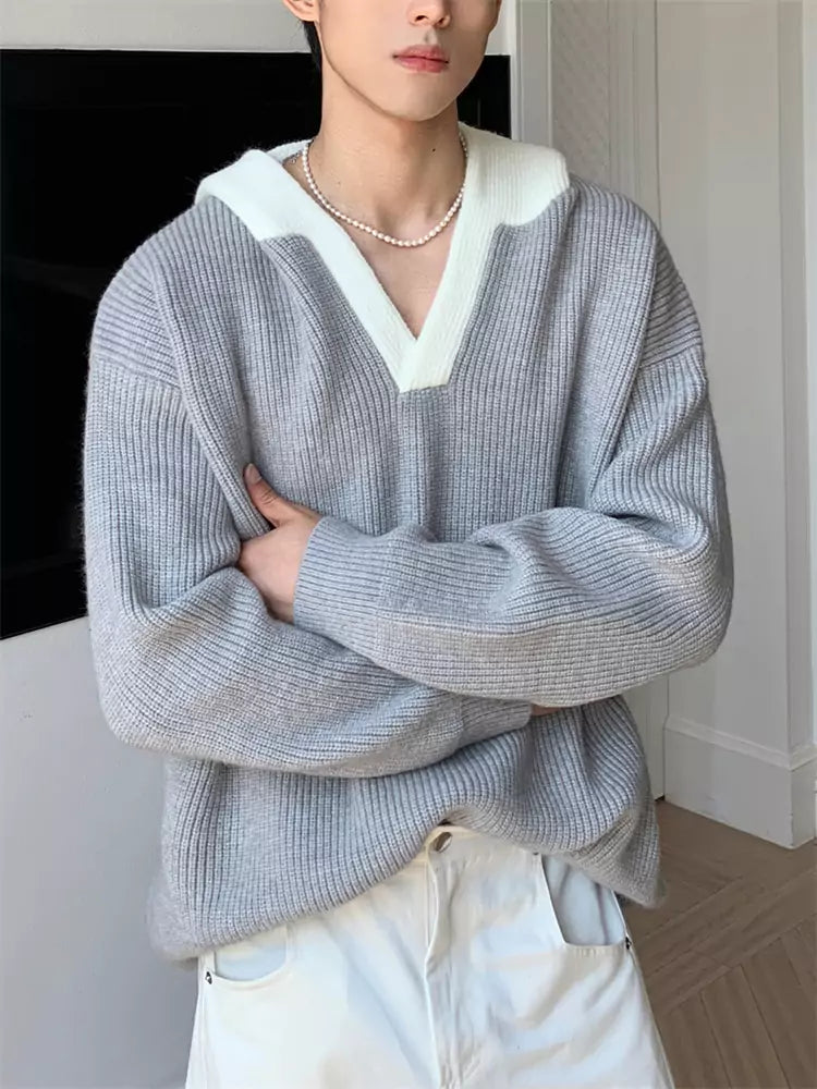Versatile Retro V-neck Colorblock Ribbed Hooded Sweater