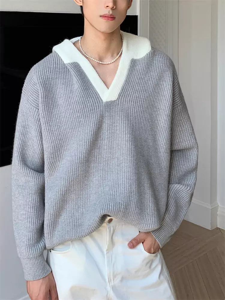 Versatile Retro V-neck Colorblock Ribbed Hooded Sweater