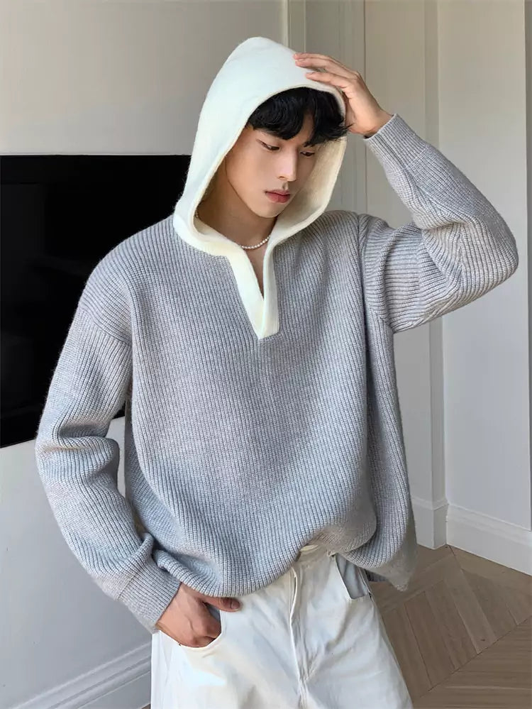 Versatile Retro V-neck Colorblock Ribbed Hooded Sweater