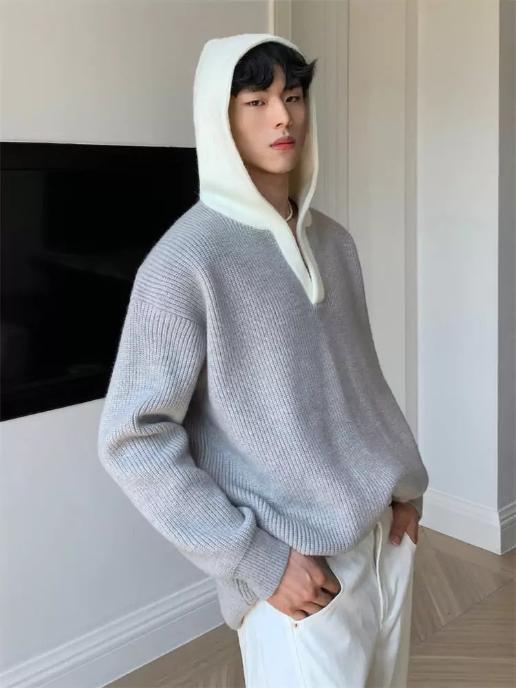Versatile Retro V-neck Colorblock Ribbed Hooded Sweater
