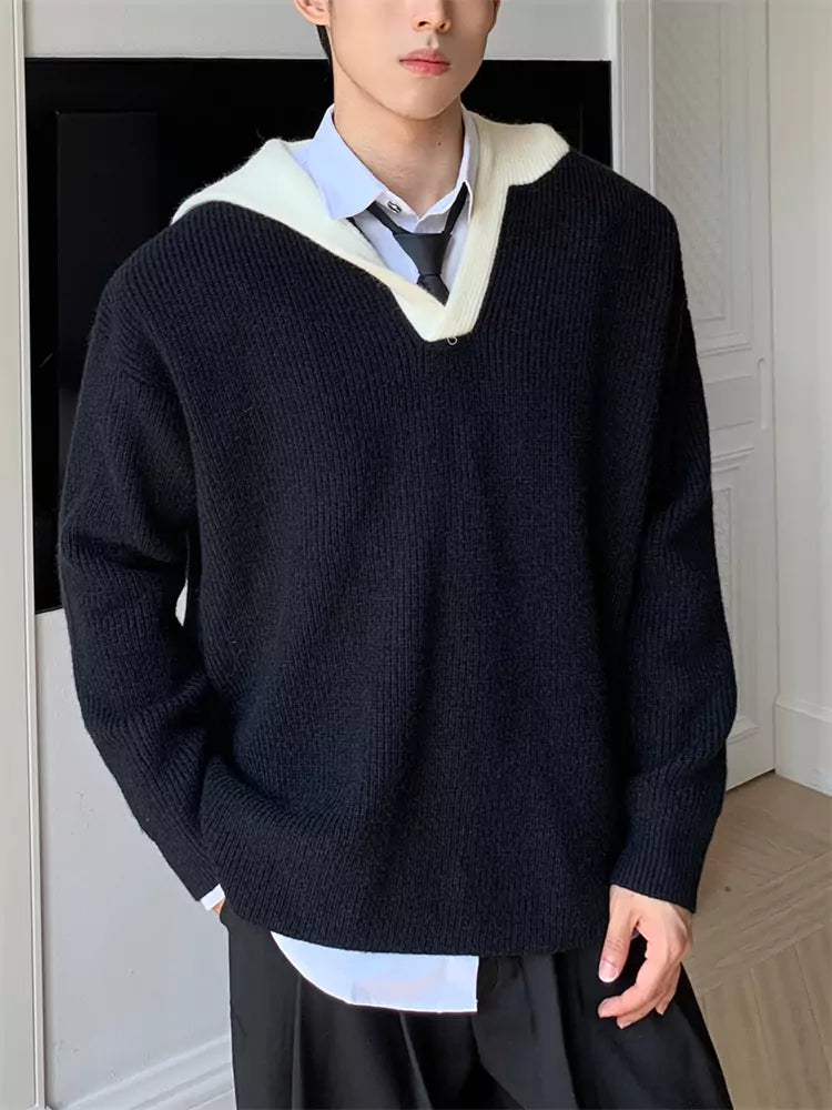 Versatile Retro V-neck Colorblock Ribbed Hooded Sweater