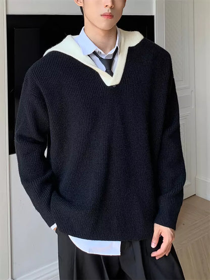 Vielseitiger Retro-Kapuzenpullover mit V-Ausschnitt, Farbblock-Design und Rippstrickbündchen