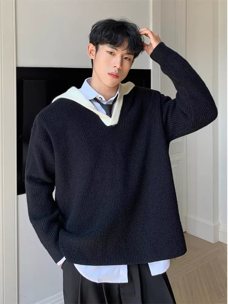 Versatile Retro V-neck Colorblock Ribbed Hooded Sweater