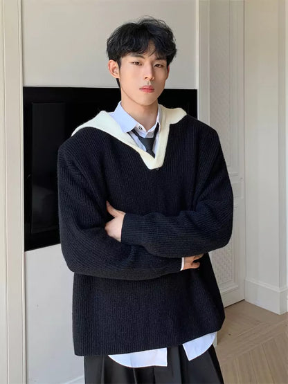 Vielseitiger Retro-Kapuzenpullover mit V-Ausschnitt, Farbblock-Design und Rippstrickbündchen