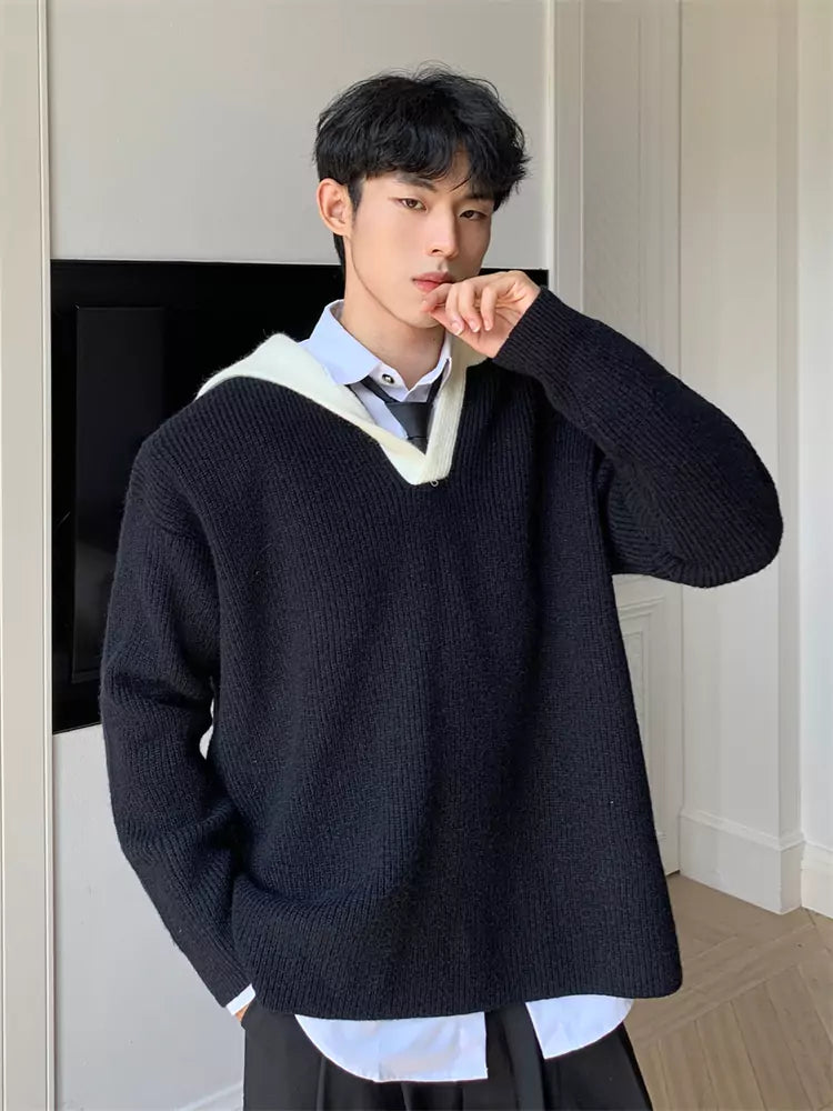 Versatile Retro V-neck Colorblock Ribbed Hooded Sweater