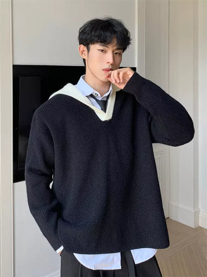 Vielseitiger Retro-Kapuzenpullover mit V-Ausschnitt, Farbblock-Design und Rippstrickbündchen