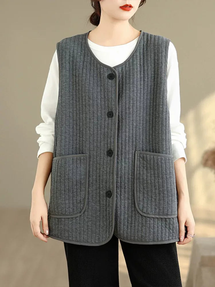 Vertical Quilted Round Neck Patch Pocket Vest