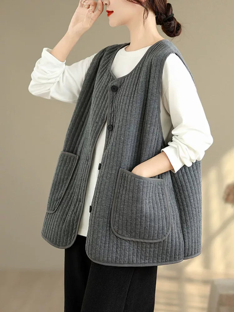 Vertical Quilted Round Neck Patch Pocket Vest