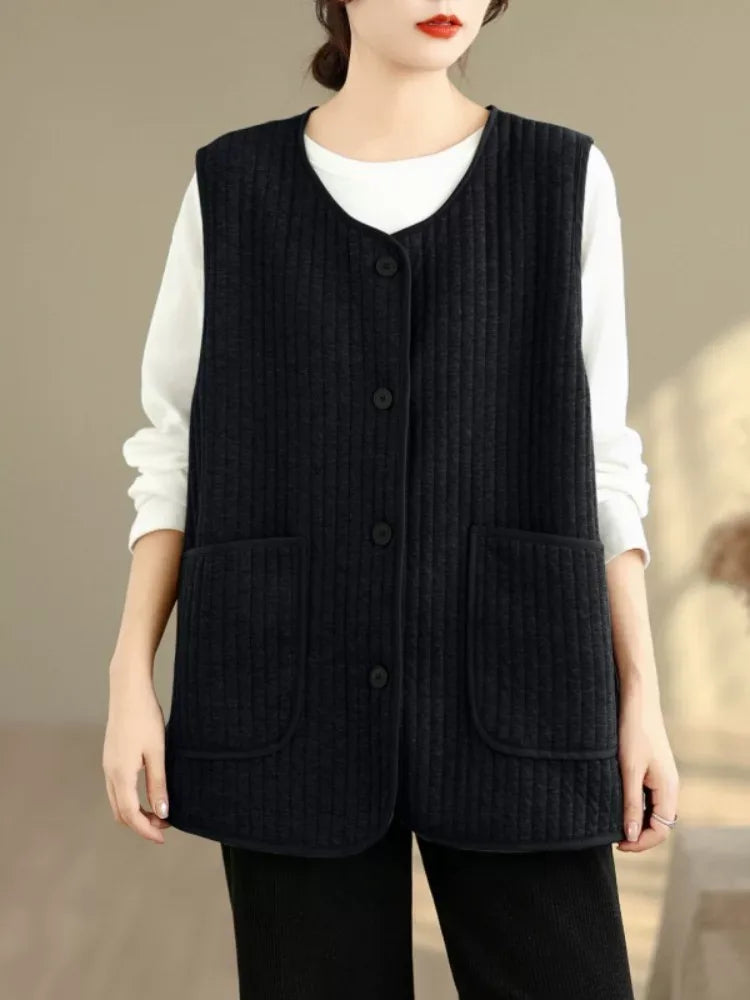 Vertical Quilted Round Neck Patch Pocket Vest