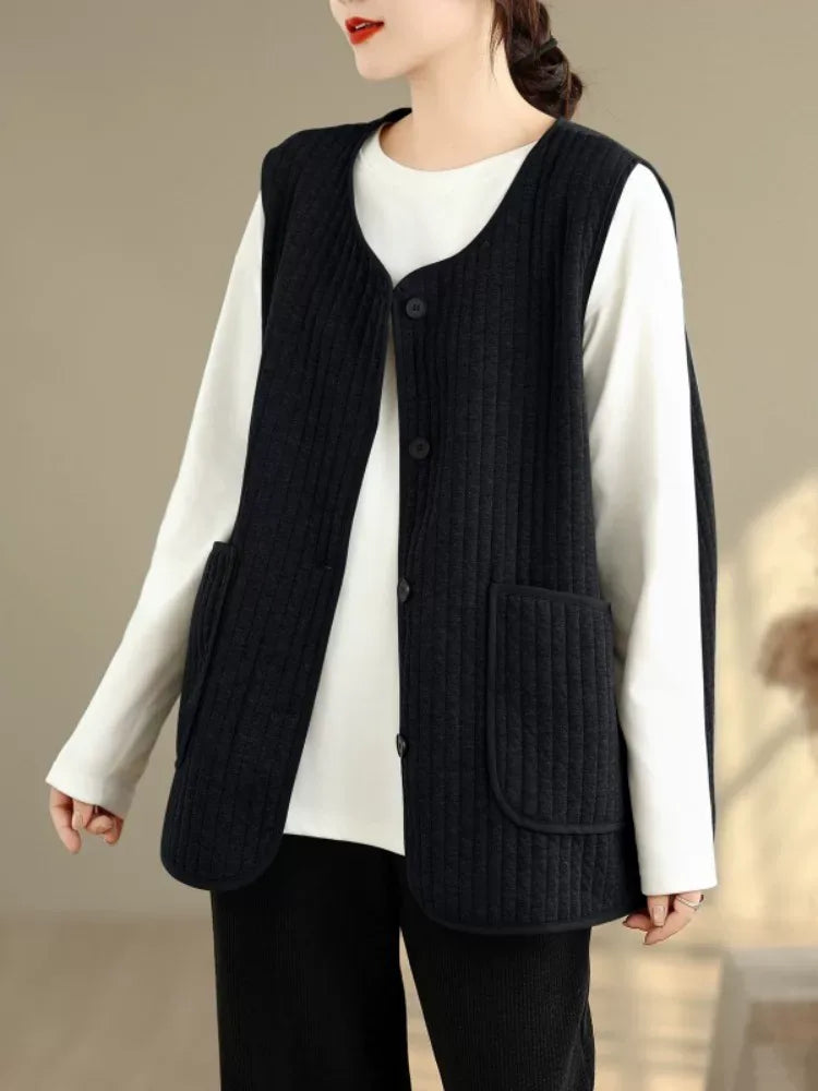 Vertical Quilted Round Neck Patch Pocket Vest