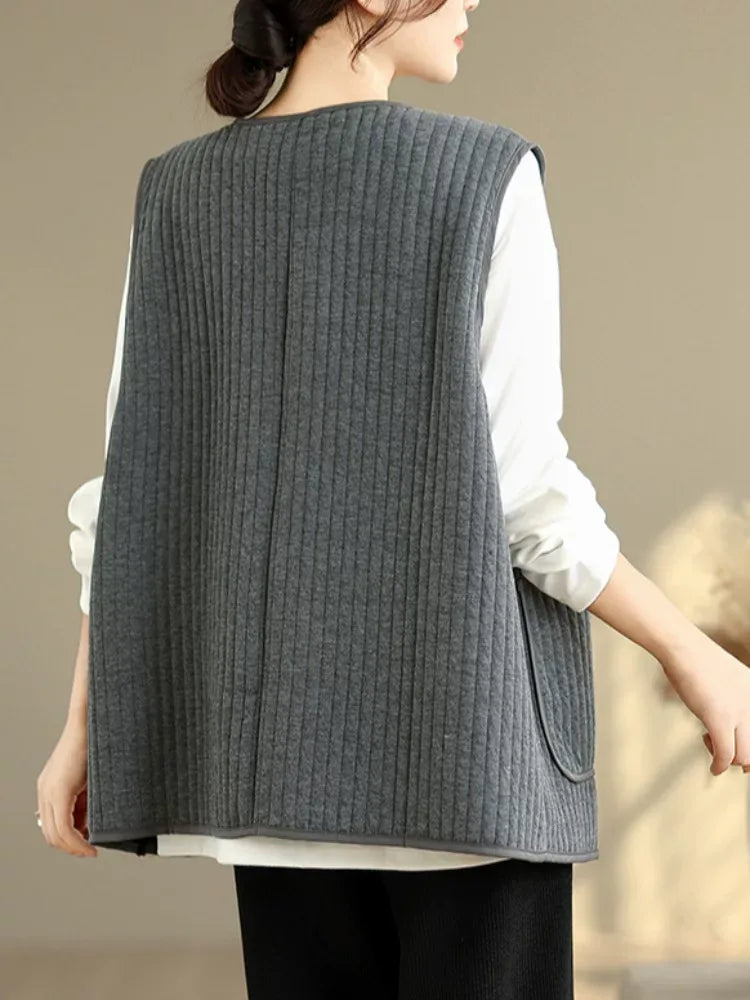 Vertical Quilted Round Neck Patch Pocket Vest