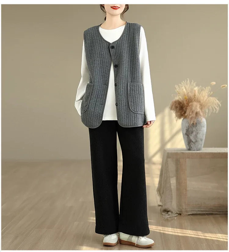 Vertical Quilted Round Neck Patch Pocket Vest