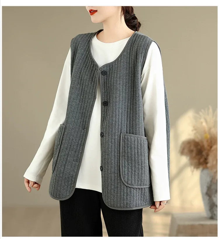 Vertical Quilted Round Neck Patch Pocket Vest