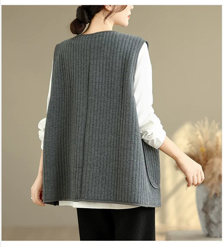 Vertical Quilted Round Neck Patch Pocket Vest