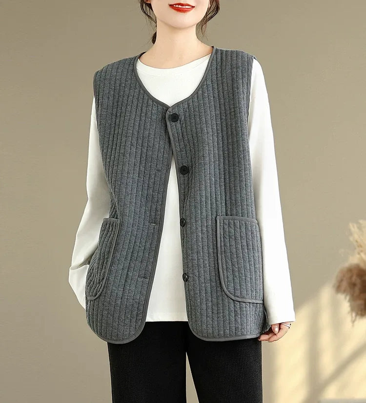 Vertical Quilted Round Neck Patch Pocket Vest