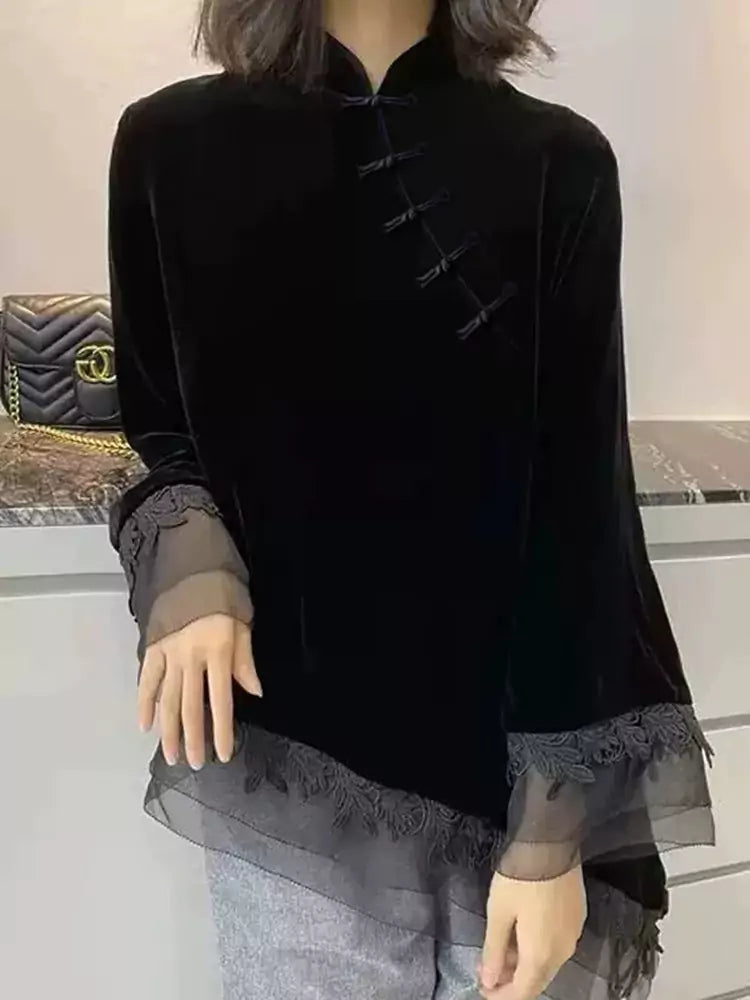 Vintage Black Velvet  Asymmetrical Mandarin Collar Blouse with Frog Buttons