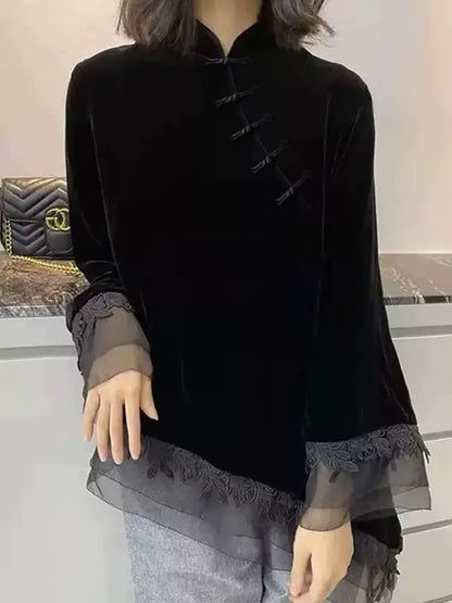 Vintage Black Velvet  Asymmetrical Mandarin Collar Blouse with Frog Buttons