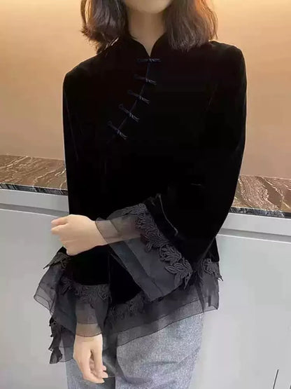 Vintage Black Velvet  Asymmetrical Mandarin Collar Blouse with Frog Buttons