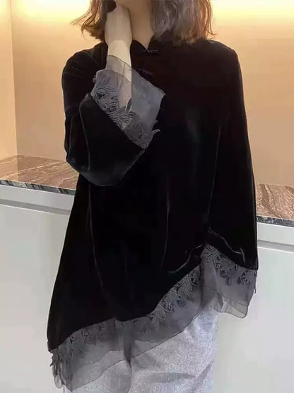 Vintage Black Velvet  Asymmetrical Mandarin Collar Blouse with Frog Buttons
