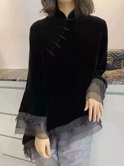 Vintage Black Velvet  Asymmetrical Mandarin Collar Blouse with Frog Buttons