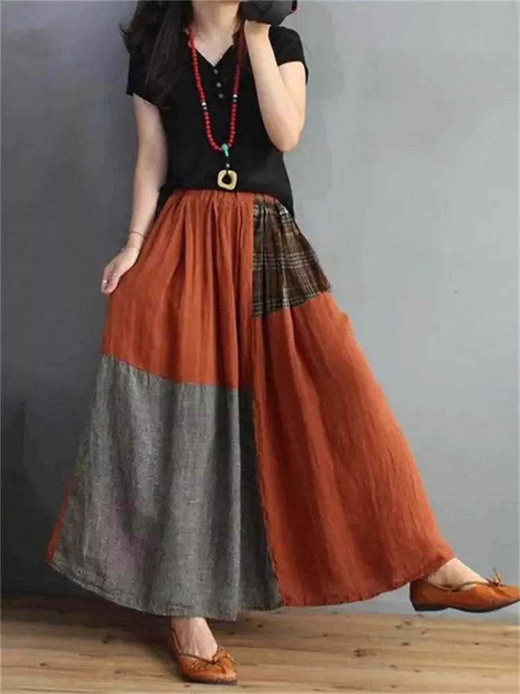 Vintage Boho Elastic Waist Color-Block Cotton-Linen A-Line Skirt