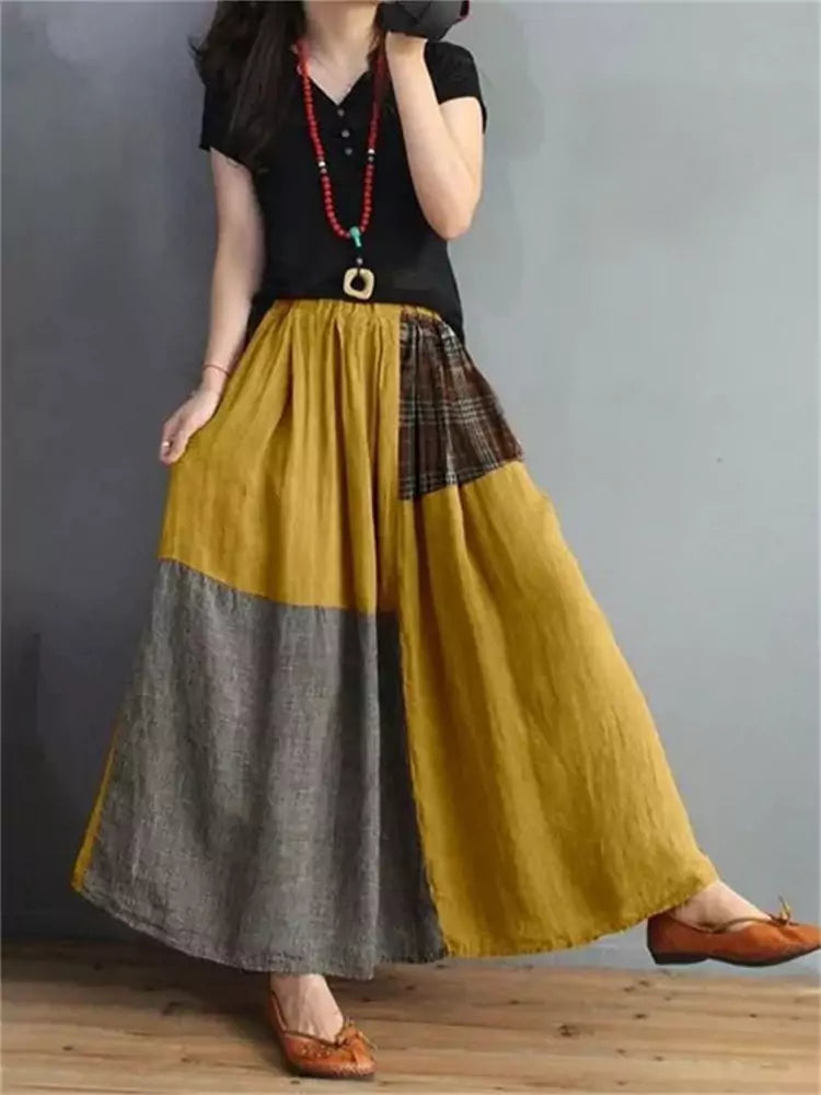 Vintage Boho Elastic Waist Color-Block Cotton-Linen A-Line Skirt