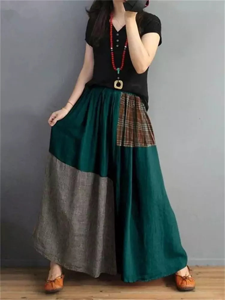 Vintage Boho Elastic Waist Color-Block Cotton-Linen A-Line Skirt