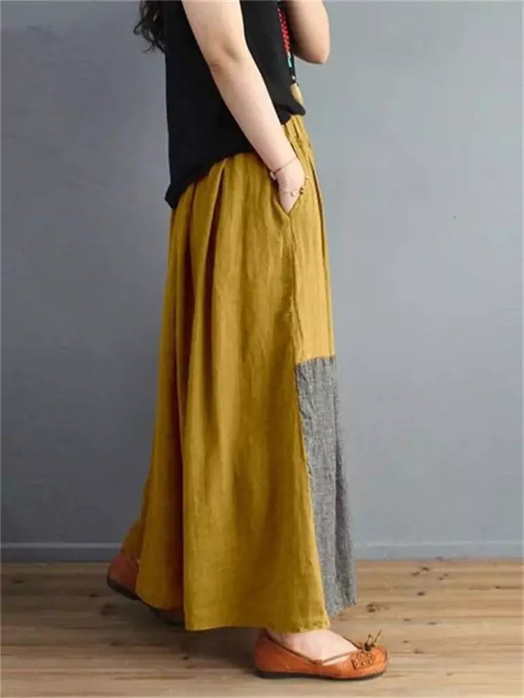 Vintage Boho Elastic Waist Color-Block Cotton-Linen A-Line Skirt